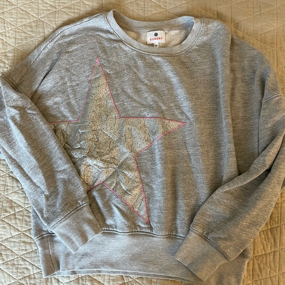 SUNDRY Made in USA Asymmetric Metallic‎ Star Jersey Sweatshirt in Gray Size 0
